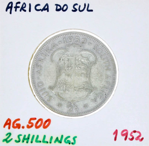 Lote 47 - ÁFRICA DO SUL, MOEDA DE 2 SHILLINGS EM PRATA 500, ANO 1952 - Moeda da África do Sul, efigie do Rei Jorge VI de 1952. Peso indicativo: 11.31 g. Dim: 28.52 mm (diâmetro). Nota: sem classificação atribuída pela Oportunity Leilões, cabe ao licitante