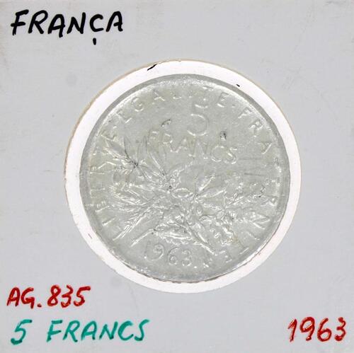 Lote 63 - FRANÇA, MOEDA DE 5 EUROS EM PRATA 835, ANO 1963 - Moeda da República Francesa de 1963. Peso indicativo: 12 g. Dim: 29 mm (diâmetro). Nota: sem classificação atribuída pela Oportunity Leilões, cabe ao licitante atribuir a classificação e a valori