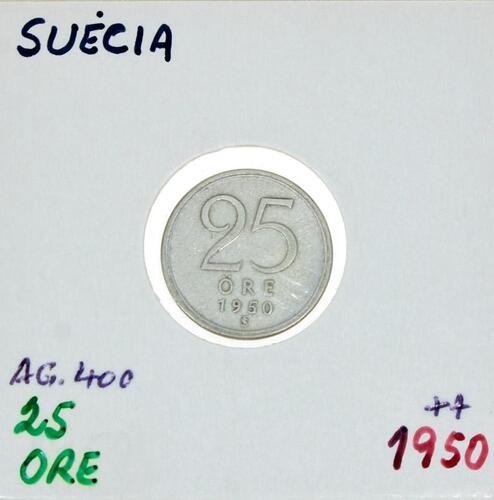 Lote 66 - SUÉCIA, MOEDA DE 25 ORE EM PRATA 400, ANO 1950 - Moeda da Suécia, do reinado de Gustaf V 1950. Peso indicativo: 2.32 g. Dim: 17 mm (diâmetro). Nota: sem classificação atribuída pela Oportunity Leilões, cabe ao licitante atribuir a classificação 