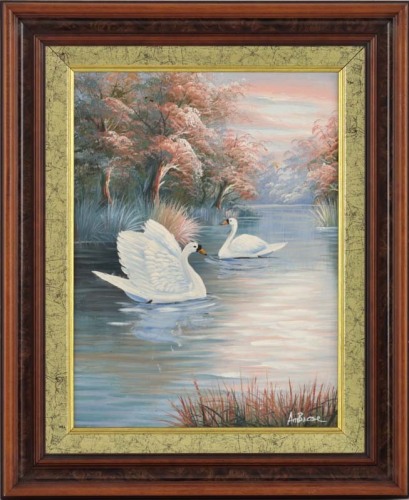 Lote 37 - AMBROSE - Original - Pintura a óleo sobre tela, assinada, motivo "Lago com Cisnes". Dim: mancha 40x30 cm. Dim: moldura 55x45 cm