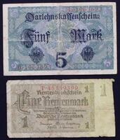 Lote 41 - ALEMANHA, NOTAS - Conjunto de 2 notas alemãs, sendo uma nota de 5 marcos, circulada (1 Agosto de 1917) e 1 nota de 1 marco, circulada (30 de Janeiro de 193). Nota: sinais de uso e desgaste. Sem classificação atribuída pela Oportunity Leilões, c