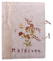 Lote 252 - FOTOGRAFIA - Álbum fotográfico com decorção floral, e a inscrição Maldives, para fotos de tamanho 10x15 cm, com 2 fechos em madeira. Nota: com sinais de armazenamentio