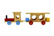 Lote 1177 - Comboio em madeira, da ARTSANA, Locomotiva e uma carruagem, novo na embalagem de origem, sinais de uso ( 36 x 10 cm )