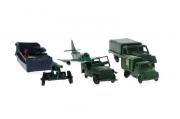 Lote 1573 - Conjunto de 6 Miniaturas, em matéria plástica, monocromas, 1 Camião + 1 Anfíbio + 1 Avião caça + 1 Jipe + 1 Primeiros socorros + Metralhadora Móvel ( 13 cm a maior ) Pequenos defeitos