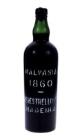 Lote 3 - MADEIRA PERESTRELLO 1860 - Garrafa de Vinho da Madeira, Malvasia 1860, Perestrello & Cª, Madeira, (750ml). Nota: garrafa idêntica à venda por € 590. Consultar valor indicativo em https://www.garrafeiranacional.com/1860-madeira-perestrellos-malvas