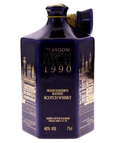 Lote 10 - WHISKY DOUGLAS LAING GLASGOW 1990 - Garrafa decanter de Whisky, Premium Reserve Blended Scotch, Glasgow European City of Culture 1990, Douglas Laing, Escócia, (750ml - 40%vol.). Nota: garrafa idêntica à venda por € 350. Em caixa de cartão origin