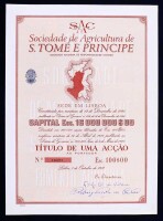 Lote 74 - SOCIEDADE DE AGRICULTURA D E S. TOMÉ E PRÍNCIPE - Subtítulo, e, sociedade anónima de responsabilidade limitada. Título de uma acção Esc. 100$00. Formado em 1898 com data de 1971