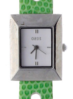 Lote 3507 - Relógio de pulso de senhora marca Oasis, caixa em aço 25x28 mm, movimento quartz, mostrador em prateado com marcadores. Bracelete em material sintético cor verde. Nota: Sinais de uso a funcionar.