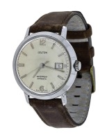 Lote 74 - KELTON, RELÓGIO DE PULSO - Modelo Vintage. Caixa em aço com 34 mm e bracelete em pele. Movimento automático. Mostrador com numeração árabe, marcadores e data às 3 horas. Nota: sinais de uso, não testado.