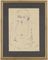 Lote 43 - ROGÉRIO DE FREITAS (1910-2001) - Original - Desenho a tinta da china sobre papel, assinado, datado de 1989, motivo "Figura Feminina". Dim: mancha 37x27 cm. Dim: moldura 51x41 cm). Nota: Rogério de Freitas foi director da Galeria de Arte Prisma 7