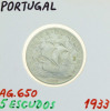 Lote 38 - PORTUGAL, MOEDA 5 ESCUDOS EM PRATA 650, ANO 1933 - Moeda da República Portuguesa de 1933. Peso indicativo: 7 g. Dim: 25 mm (diâmetro). Nota: sem classificação atribuída pela Oportunity Leilões, cabe ao licitante atribuir a classificação e a valo