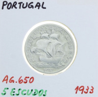 Lote 44 - PORTUGAL, MOEDA 5 ESCUDOS EM PRATA 650, ANO 1933 - Moeda da República Portuguesa de 1933. Peso indicativo: 7 g. Dim: 25 mm (diâmetro). Nota: sem classificação atribuída pela Oportunity Leilões, cabe ao licitante atribuir a classificação e a valo