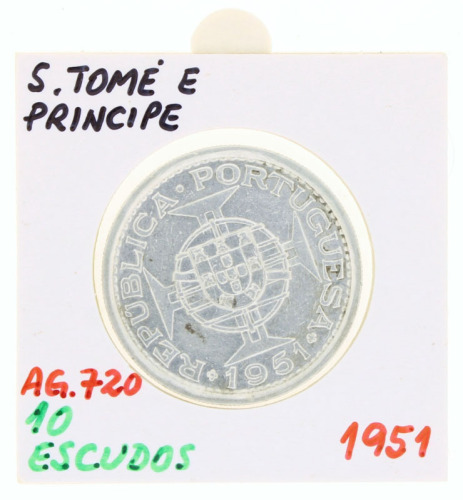 Lote 31 - SÃO TOMÉ E PRÍNCIPE, MOEDA DE 10 ESCUDOS EM PRATA 720, ANO 1951 - Moeda da República Portuguesa de São Tomé e Príncipe de 1951. Peso indicativo: 12,5 g. Dim: 30 mm (diâmetro). Nota: sem classificação atribuída pela Oportunity Leilões, cabe ao li