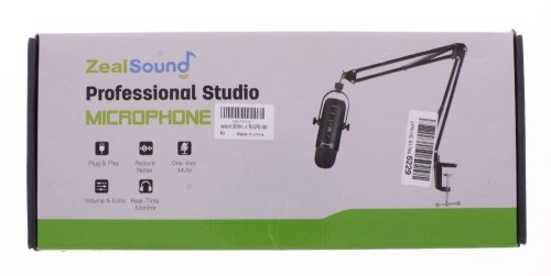 Lote 6 - ZEAL SOUND, MICROFONE - Modelo profissional, com suporte extensível em metal preto para aplicar em secretária/mesa, ligação usb. Dim: 70 cm. Nota: sem uso, em caixa de origem