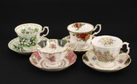 Lote 67 - ROYAL ALBERT, CHÁVENAS DE CHÁ - 4 chávenas de chá com pires com decorações policromadas diversas. Dim: 7x8,5 cm (chávenas maiores) e 14 cm (pires). Nota: marcadas nas bases