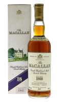 Lote 1 - WHISKY MACALLAN 18 ANOS - Garrafa de Whisky, Single Highland Malt Scotch Whisky, Distilled in 1968, Bottled in Scotland in 1987, The Macallan Distillers, Escócia, (750ml - 43%vol.). Nota: garrafa idêntica à venda por € 7.115 (£ 6.000). Em caixa d