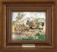 Lote 162 - QUADRO DECORATIVO - Placa em porcelana policromada representando carro de cavalos e figuras em paisagem de Verão. Dim: 12x13,5 cm (moldura com 20,5x22,5 cm