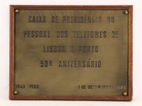 Lote 282 - PLACA COMEMORATIVA EM LATÃO - Gravação alusiva aos 50 Anos da Caixa de Previdência do Pessoal dos Telefones de Lisboa e Porto datada de 1 de Dezembro de 1993. moldura em madeira. Dim: 20,5x27 cm (moldura com 22,5x29 cm)