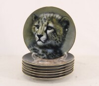 Lote 85 - PRINCETON GALLERY”, CONJUNTO DE PRATOS EM PORCELANA – Colecção de 7 pratos “Cubs of the Big Cats Plate Collection",. Pratos numerados de edição limitada, decorados com cabeças de crias de felinos, assinados “Qua”. Dim: 22 cm de diâmetro