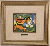 Lote 342 - GAUGUIN (1848-1903) - Placa de esmalte a fogo à maneira de Limoges, título "Arearea". Dim: mancha 13x15 cm. Dim: moldura 31x34 cm. Nota: o verso da obra inclui um Certificado da Galeria El Greco, referindo que pertence à colecção "Mestres do Im