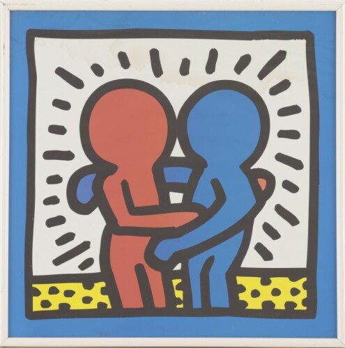 Lote 349 - KEITH HARING (1958-1990) - Poster sobre papel, motivo "Figurativo". Dim: mancha 47x47 cm. Dim: moldura 50x50 cm. Nota: Keith Haring foi um artista gráfico Americano. O seu trabalho reflecte a cultura Nova-Iorquina dos anos 80. Papel com manchas