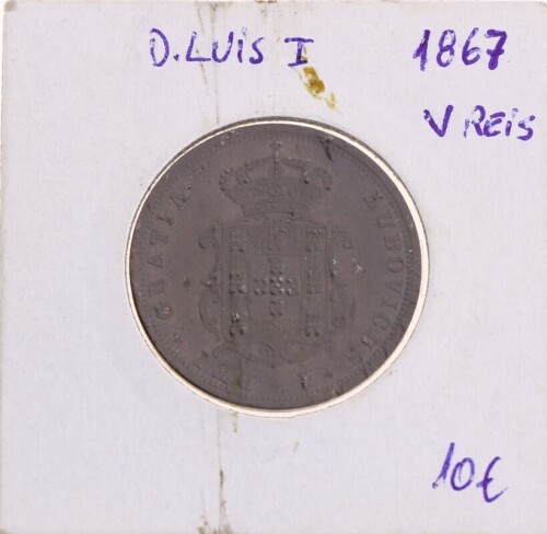 Lote 11 - PORTUGAL, MOEDA DE V REIS, ANO 1867 - Moeda da Monarquia Portuguesa do reinado de D. Luís I de 1867 em cobre. Dim: 27 mm (diâmetro). Nota: sem classificação atribuída pela Oportunity Leilões, cabe ao licitante atribuir a classificação e a valori