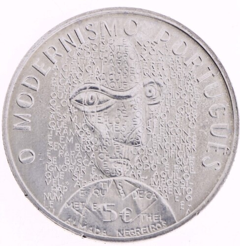 Lote 33 - PORTUGAL, MOEDA DE 5 EUROS EM CUPRONÍQUEL, ANO 2016 - Moeda da República Portuguesa comemorativa alusiva ao Modernismo, Busto com Almada Negreiros, Série Europa. Dim: 30 mm (diâmetro). Moeda idêntica à venda por € 12. Nota: sem classificação atr