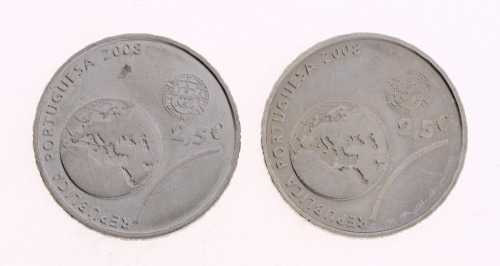 Lote 41 - PORTUGAL, MOEDAS DE 2.5 EUROS EM CUPRONÍQUEL, ANO 2008 - 2 moedas da República Portuguesa, Comemorativas dos Jogos Olímpicos de Pequim de 2008. Dim: 28 mm (diâmetro). Nota: sem classificação atribuída pela Oportunity Leilões, cabe ao licitante a