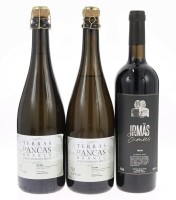 Lote 142 - GARRAFAS DIVERSAS - 3 garrafas sendo 2 garrafas de Vinho Espumante Bruto, Branco, Terras D'Ancas, (750ml - 12,5%vol.9 e 1 garrafa de Vinho Tinto Irmãs Simôes, Vítor Manuel Rosa Simões, Ancas, Anadia, (750ml - 14,5%vol.)