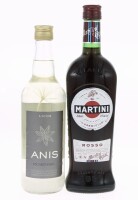 Lote 449 - GARRAFAS DIVERSAS - 2 garrafas sendo 1 garrafa de Martini, Láperitivo Rosso, ((750ml - 14,4%vol.) e 1 garrafa de Anis Escarchado Continente, (700ml - 20%vol.)