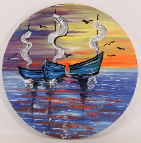 Lote 56 - LIGIA ROMANO (n.1981) - Original - Pintura a óleo sobre tela, assinada, datada de 2024, título "Barcos ao Pôr-do-Sol". Dim: mancha 45 cm. Obra desta autora foi vendida por € 260 na Oportunity Leilões. Consultar valor indicativo em t.ly/yAcI