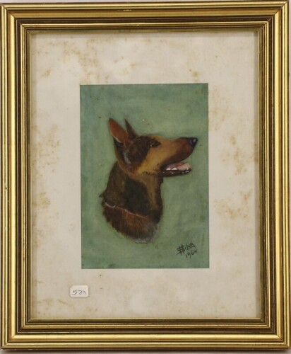 Lote 70 - SILVA - Original - Pintura de técnica mista sobre cartão, assinada, datada de 1964, motivo "Retrato de Cão". Dim: mancha 16x11 cm. Dim: moldura 30x25 cm