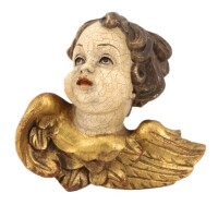 Lote 111 - BUSTO DE ANJO - Busto de suspensão em madeira policromada e dourada. Dim: 20x20x10 cm