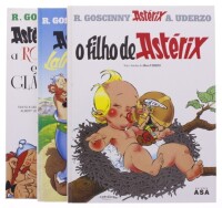 Lote 26 - ASTÉRIX, O GAULÊS, POR UDERZO E GOSCINNY - Conjunto de 3 livros de banda desenhada, de capa dura com os títulos "O filho de Astérix", ""Astérix e La Traviata" e "Astérix, a rosa e o gládio", edição Meribérica/Liber Nota: com sinais de uso e arma