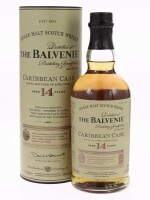 Lote 30 - WHISKY THE BALVENIE 14 ANOS - Garrafa de Whisky, Single Malt Scotch Whisky, Caribbean Cask, Extra Matured in Rum Casks, Aged 14 years, The Balvenie Distillery Company, Escócia, (700ml - 43%vol.). Nota: garrarfa idêntica à venda por € 119.90. Em 