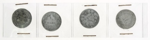 Lote 52 - ALEMANHA, 4 MOEDAS DE 1/2 MARCO EM PRATA 900 - 4 moedas de Guilherme II sendo 1 de 1905, 1 de 1906, 1 de 1907 e 1 de 1913. Peso indicativo 2.77 g (cada). Dim: 20 mm (diâmetro). Nota: sem classificação atribuída pela Oportunity Leilões, cabe ao l