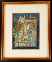 Lote 37 - MINIATURA INDO-PERSA EM GUACHE - original em guache sobre tecido, do século XX, representando cena palaciana com figuras masculinas e paisagem natural circundante, em moldura de madeira dourada com vidro protector e passe-partout. Mínimos sinais