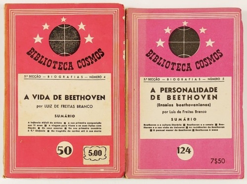 Lote 65 - A VIDA DE BEETHOVEN; A PERSONALIDADE DE BEETHOVEN (ENSAIOS BEETHOVIANOS). 2 OBRAS - Luiz de Freitas Branco, Lisboa, Edições Cosmos, 1943; 1947. 2 obras. Conjunto valioso, muito difícil de reunir. Exemplares ainda por abrir. Encadernações editori