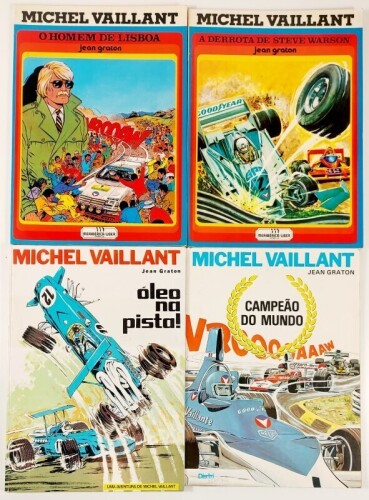 Lote 119 - MICHEL VAILLANT: ÓLEO NA PISTA; CAMPEÃO DO MUNDO; A DERROTA DE STEVE WARSON; O HOMEM DE LISBOA. 4 OBRAS - Jean Graton, Lisboa, Distri Editora; Meribérica, [s.d.]; 1984; [s.d.]. 1ªs edições portuguesas. Um álbum em capa dura e três em brochura. 