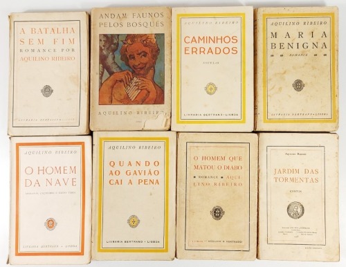 Lote 140 - AQUILINO RIBEIRO: JARDIM DAS TORMENTAS (EDIÇÃO CORRIGIDA); O HOMEM QUE MATOU O DIABO; MARIA BENIGNA; ANDAM FAUNOS PELOS BOSQUES; A BATALHA SEM FIM; CAMINHOS ERRADOS; QUANDO AO GAVIÃO CAI A PENA; O HOMEM DA NAVE. SERRANOS, CAÇADORES E FAUNA VÁRI