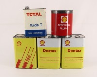 Lote 42 - LATAS DE LUBRIFICANTES VINTAGE - Conjunto de 5 latas vazias sendo 3 de Shell Dentax, 1 de Shell Fluid 41 e 1 de Total Fluid T. Dim: 25x18x12 cm (maiores)