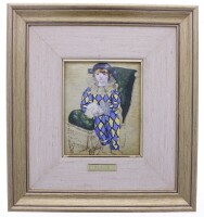 Lote 89 - PABLO PICASSO, QUADRO - Reprodução de um original de Pablo Picasso (esmalte a fogo) com moldura e passe-partout em madeira. Verso com certificado de autenticidade da galeria de arte El Greco. Dim.: 34x31 cm. Nota: com sinais de uso