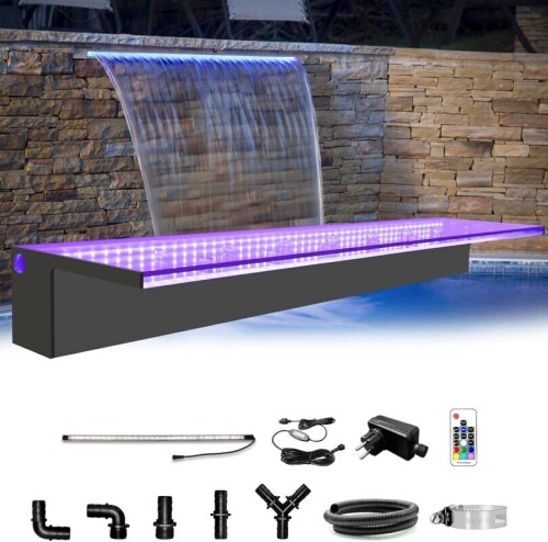 Lote 3 - LONGRUN Pond Waterfall Cascade é uma lâmina acrílica de 90 cm para a queda de água, concebida para melhorar os lagos, piscinas e elementos aquáticos de jardins exteriores. Equipada com iluminação LED de 7 cores, cria um efeito visual deslumbrante