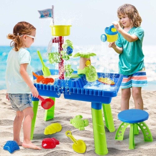 Lote 48 - Mesa de Areia 2 em 1 com Cadeira é o brinquedo perfeito para crianças de 3 a 5 anos, proporcionando um parque de neve divertido em qualquer quintal ou na praia. Com essa mesa, as crianças podem explorar suas imaginações e desenvolver suas habili