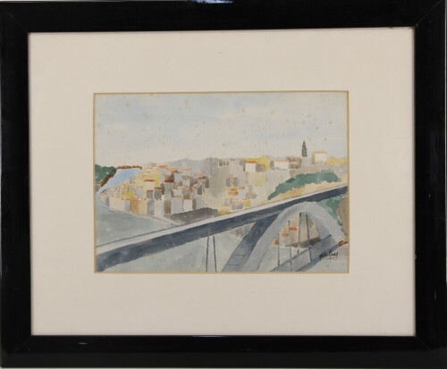 Lote 20 - ABÍLIO MOURA - Original - Aguarela sobre papel, assinada, motivo "Porto - Vista da Ponte". Dim: 23x33 cm,(moldura com 47x57 cm). Nota: picos de acidez