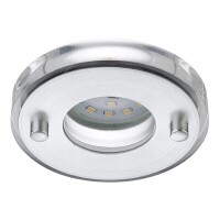 Lote 52 - Pack de 8 Projetores LED de encastrar para casa de banho Briloner, 5W, 230V, IP44. Apresenta um acabamento cromado mate com um design redondo, emitindo luz branca quente a 3000K. O módulo LED integrado fornece 400 lm, equivalente a uma lâmpada t