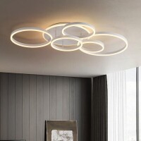 Lote 87 - Candeeiro de teto LED regulável Minifair apresenta um design moderno com seis anéis e um comprimento de 116 cm. Esta luminária de montagem embutida oferece uma potente potência de 108 W e 6400 lúmenes, ideal para salas de estar, quartos e salas 