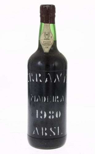 Lote 15 - MADEIRA ABSL TERRANTEZ 1980 - Garrafa de Vinho da Madeira ,"Canteiro", Terrantez 1960, engarrafado em 1999, Artur de Barros e Sousa Lda, Funchal, Madeira, (750ml - 18%vol.). Nota: garrafa idêntica à venda por € 575. Consultar valor indicativo em