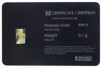 Lote 20 - BARRA DE OURO 999,9 - Barra de ouro 99,9% de 0,1 g. Em invólucro selado e certificado em forma de Cartão de Crédito emitido pela Niziplioglu Metal Rafineri. Peso: 0,1 g. Nota: http://www.lbma.org.uk/pricing-and-statistics