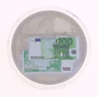 Lote 107 - MEDALHA TOKEN DE 100 EUROS - Medalha em cuproníquel com nota de 100 euros em frente ao mapa da Europa e uma ponte e reverso com o "rapto da europa" e mada da europa. Legenda "European Currency Europäische Währung Monnaie Europeenne 01.01.2002 "